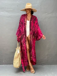 Boho Stripe Tie Dye Swimsuit Cover Up with Belt Tunic Sarong Cardigan Dress 2023 Women Bikini Cover-ups Beach Wear Kimono Pareo