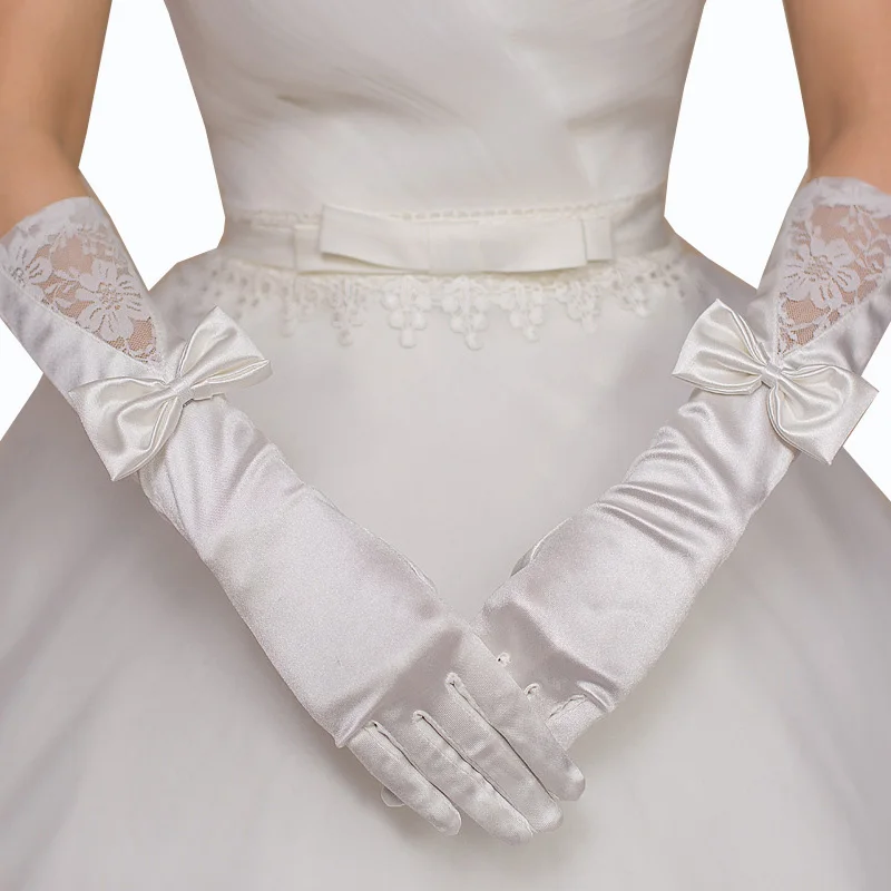 Guantes de boda largos hasta el codo emparejados con lazo, guantes de novia largos