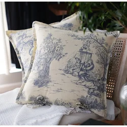 Home Toile De Jouy Cushion Cover French Retro Style Rural Farmhouse Decorative Canvas Blue Throw Pillow Case 47x47cm