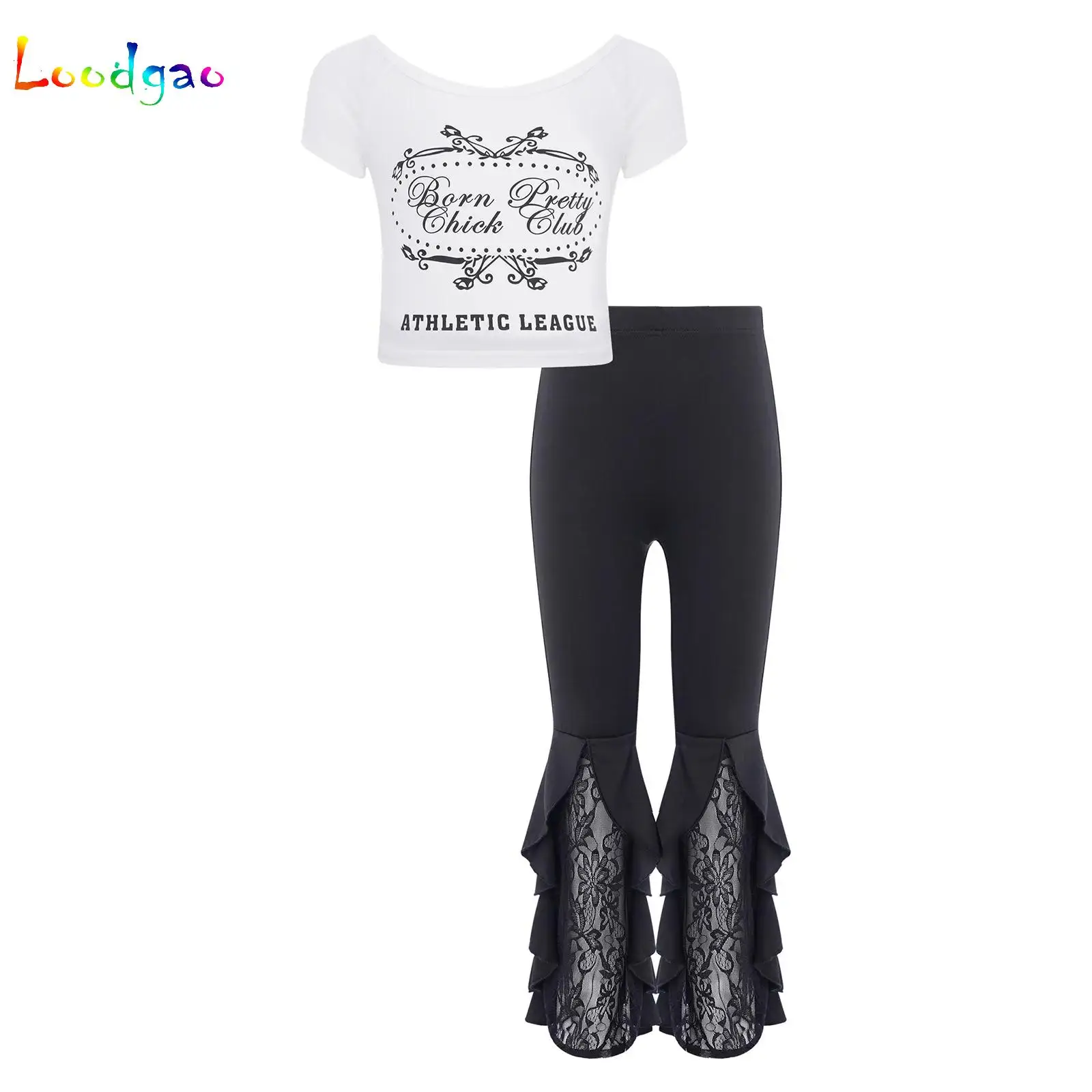 

Y2K Streetwear Kids Girls 2-Piece Clothes Set Short Sleeve Letter Printed Top+Ruffled Bell-Bottom Pants Harajuku Fashion Outfits