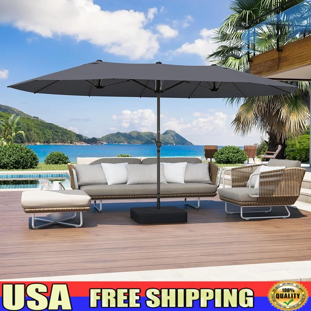 

15FT Patio Umbrella with Base Outdoor Crank Handle Rectangular Pool Shade Waterproof UV Resistant Commercial Garden Market