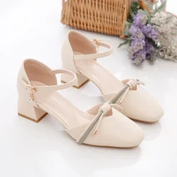 Women Fashion Round Toe Buckle Strap High Quality Shoes for Office Lady Classic Beige Patent Leather Comfort Elegant Heels A221