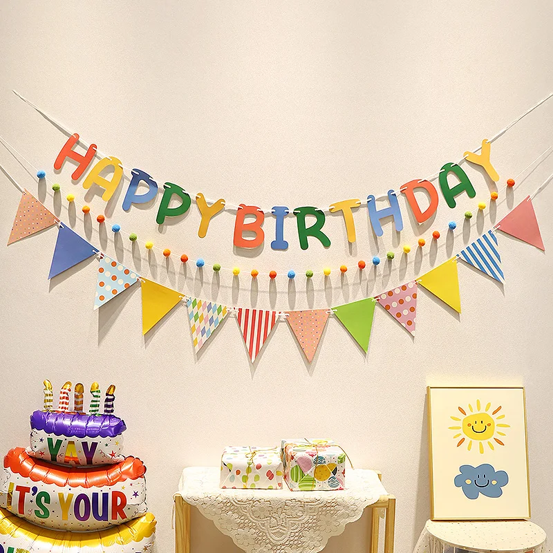 Happy Birthday Hairball Pull Flag Set Decorative Holiday Decor For  Children Birthday Home Room Decor Atmosphere New Decor