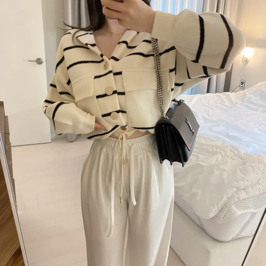 Loose Women's Knitted Cardigan Coat with Big Pockets Striped Splicing Drawstring Hem Single Buttoned Open Front Sweater