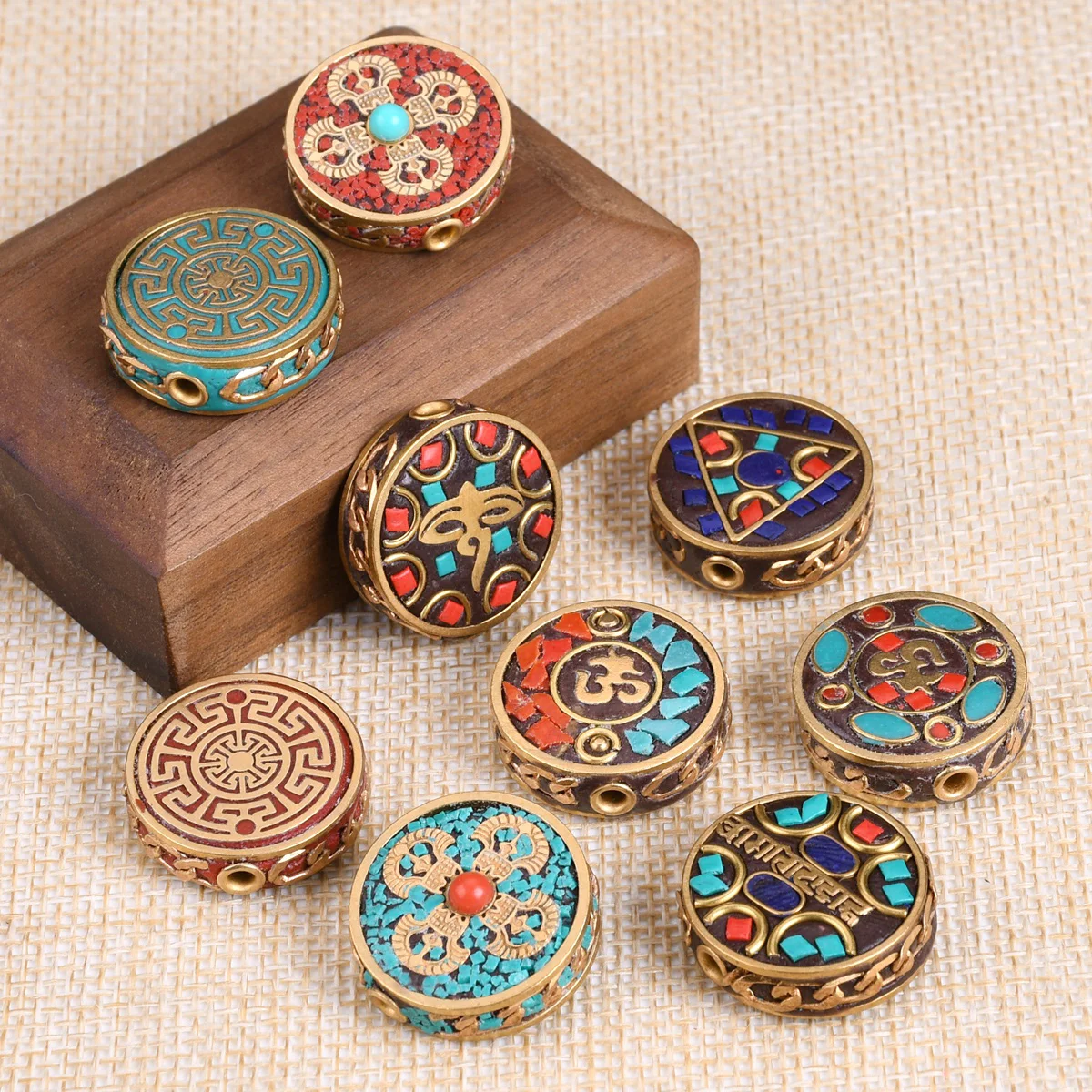 Nepalese Buddhist Handmade Flat Round 22mm Tibetan Brass Metal & Clay Loose Craft Beads for Jewelry Making DIY Necklace