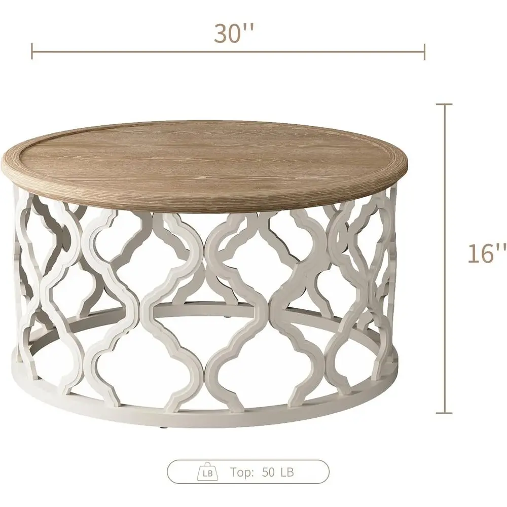 French Country-Style Distressed Round Coffee Table with Curved Frame Base for Boho Living and Dining Spaces