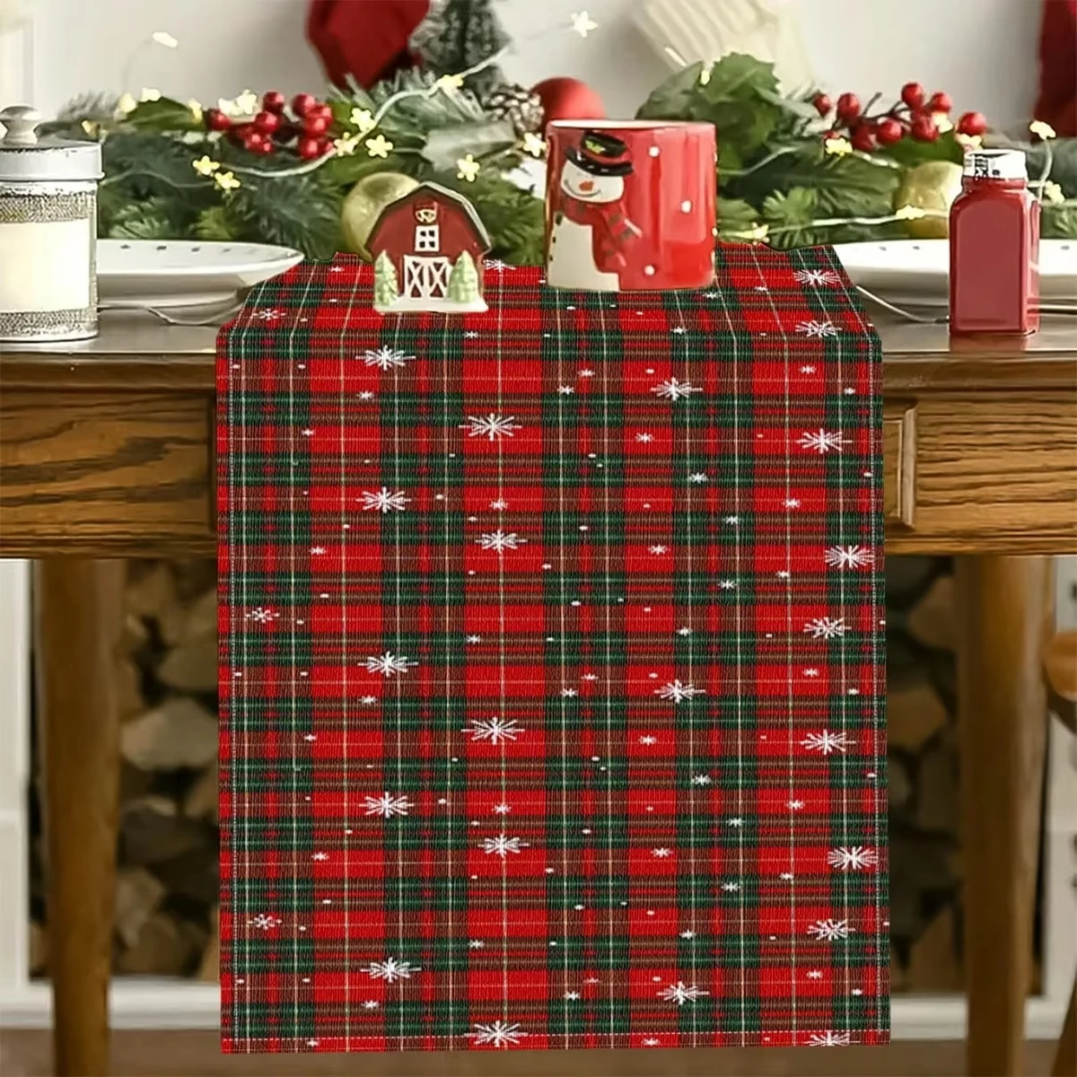 Rustic Plaid Christmas Table Runner | Vintage Tartan & Snowflake Design | Perfect for Christmas Dining Room Celebration Decor