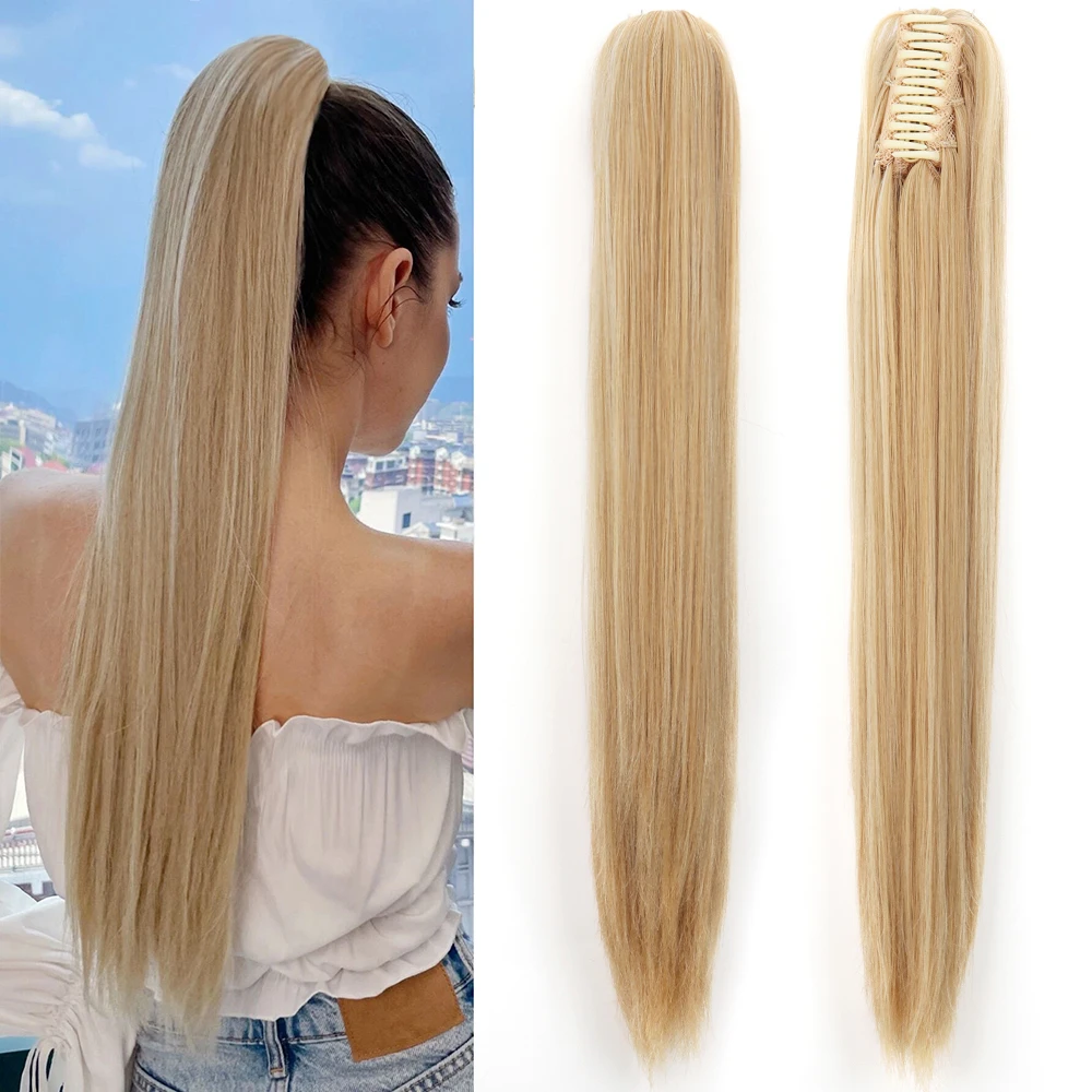 Synthetic Long Straight Claw Clip On Ponytail Hair Extensions 24Inch Heat Resistant Pony Tail Hair Piece For Women Daily Party