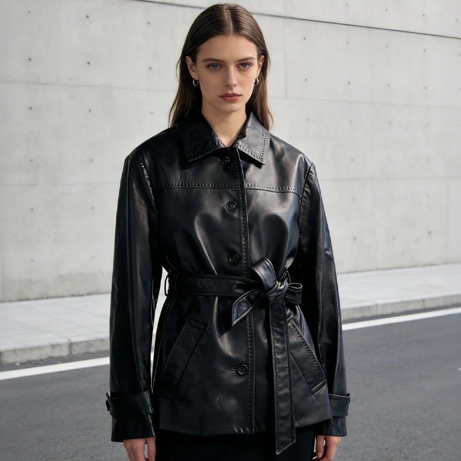 Women's Sheepskin Leather Jacket With Belt Genuine Leather Jacket Hot Selling Spring Outerwear