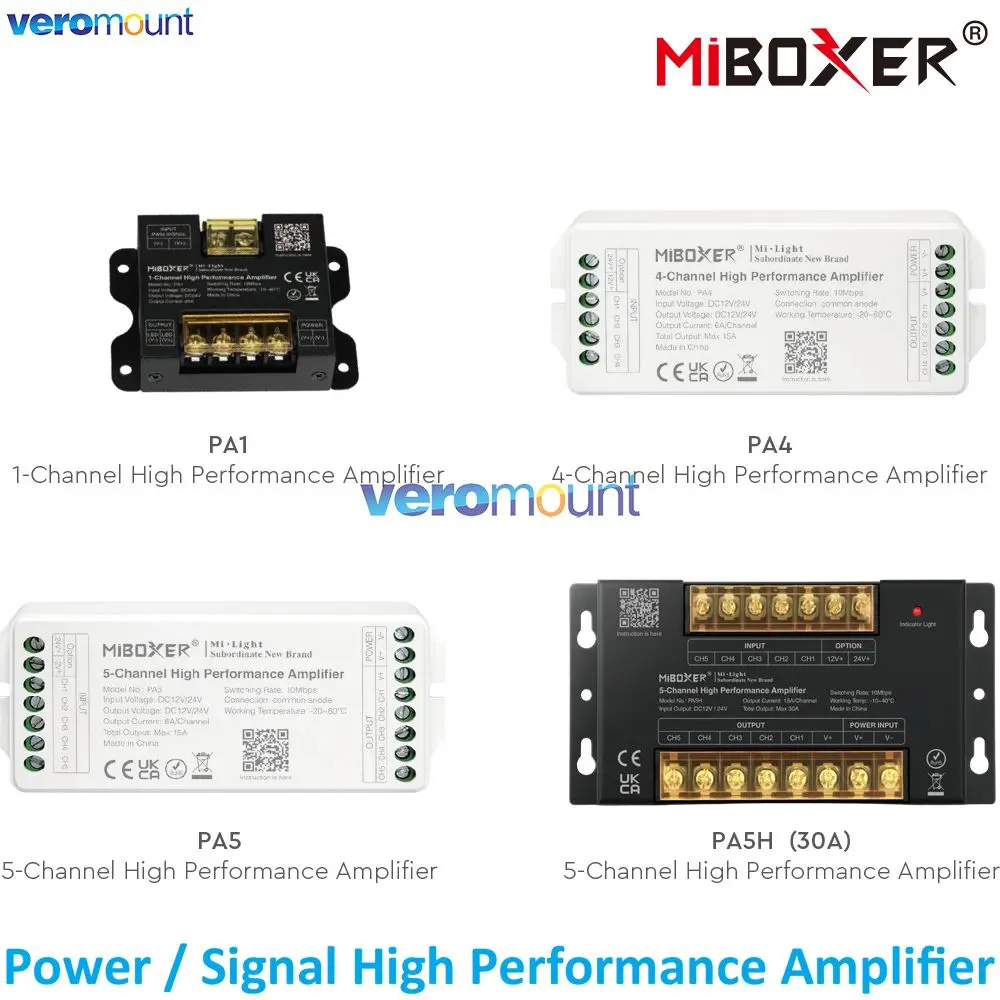 

MiBoxer 1CH PA1 25A 4CH PA4 15A 5CH PA5 PA5H 30A High Performance Signal Amplifier DC12V 24V for PWM LED Controller Repeater