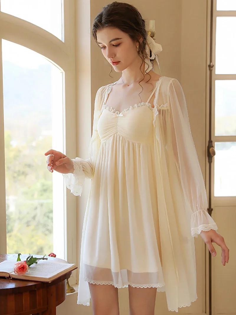 

Fairy Robe Pajama Spring Summer Two Piece Set Mesh Sexy Women Ruffles Spaghetti Strap Nightdress Pajamas Long Sleeve Homewear