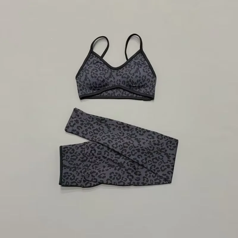 2 Pcs Fitness Sets Women Leopard Print Contrast Edge Removable Pad Bra Breathable Squat Proof Pants Suit Sports Workout Set
