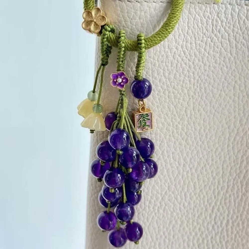 Bag Charm Elegant Grape Cluster Pendant Alloy Purple Crystal Grape Phone Chain Key Ring Green Gradient Beads Woven Pendant Gifts
