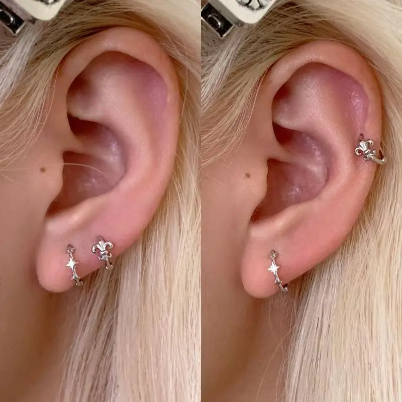 Gothic Four-pointed Star and Fleur-de-lis Hoop Earrings for Women Y2K Vintage Style Stacked Earring Fashion Jewelry