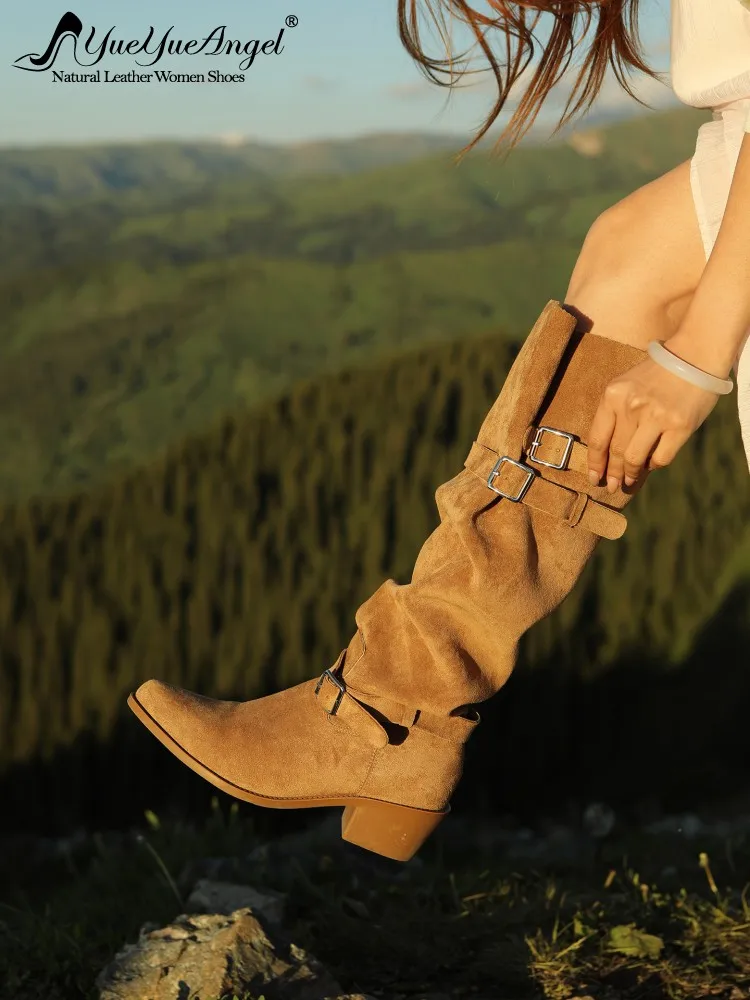 2026 New Autumn Winter Women Cow Suede Knee High Boots Solid Color Ladies Genuine Leather Boots Belt Buckle Chunky Heel Footwear