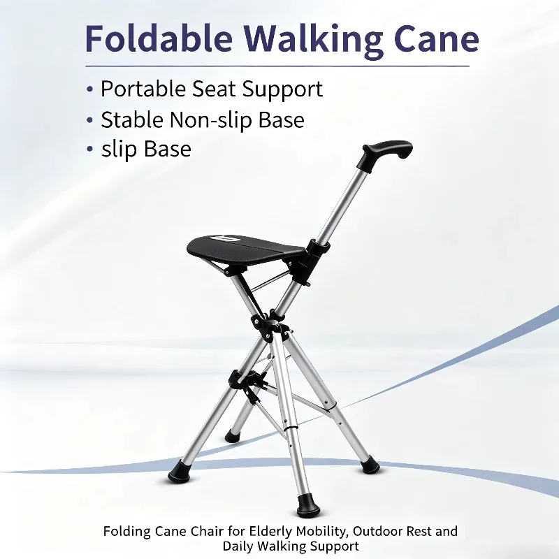 88cm Foldable 2-in-1 Cane Seat, One Button Open Close Walking Mobility Aid Chair Cane for Elderly Daily Support