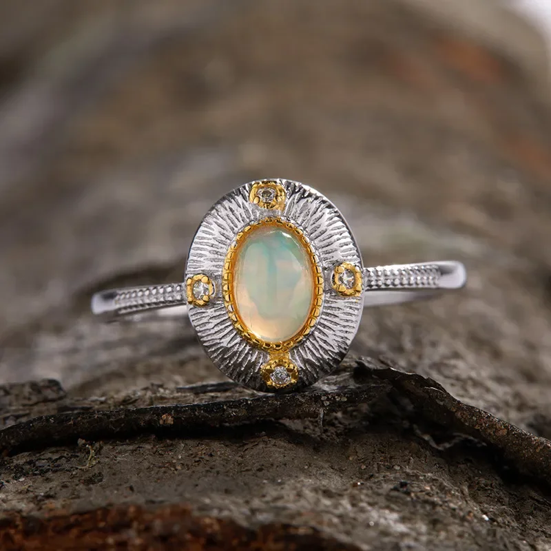 Natural opal green gold turquoise colored treasure ring women's S925 sterling silver egg surface versatile ring source