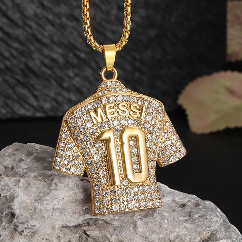 Full Zircon Pendant Necklace Hip Hop Cool Messi 10 Super Soccer Star Fans Stainless Steel Clavicle Charming Jewelry Men Necklace