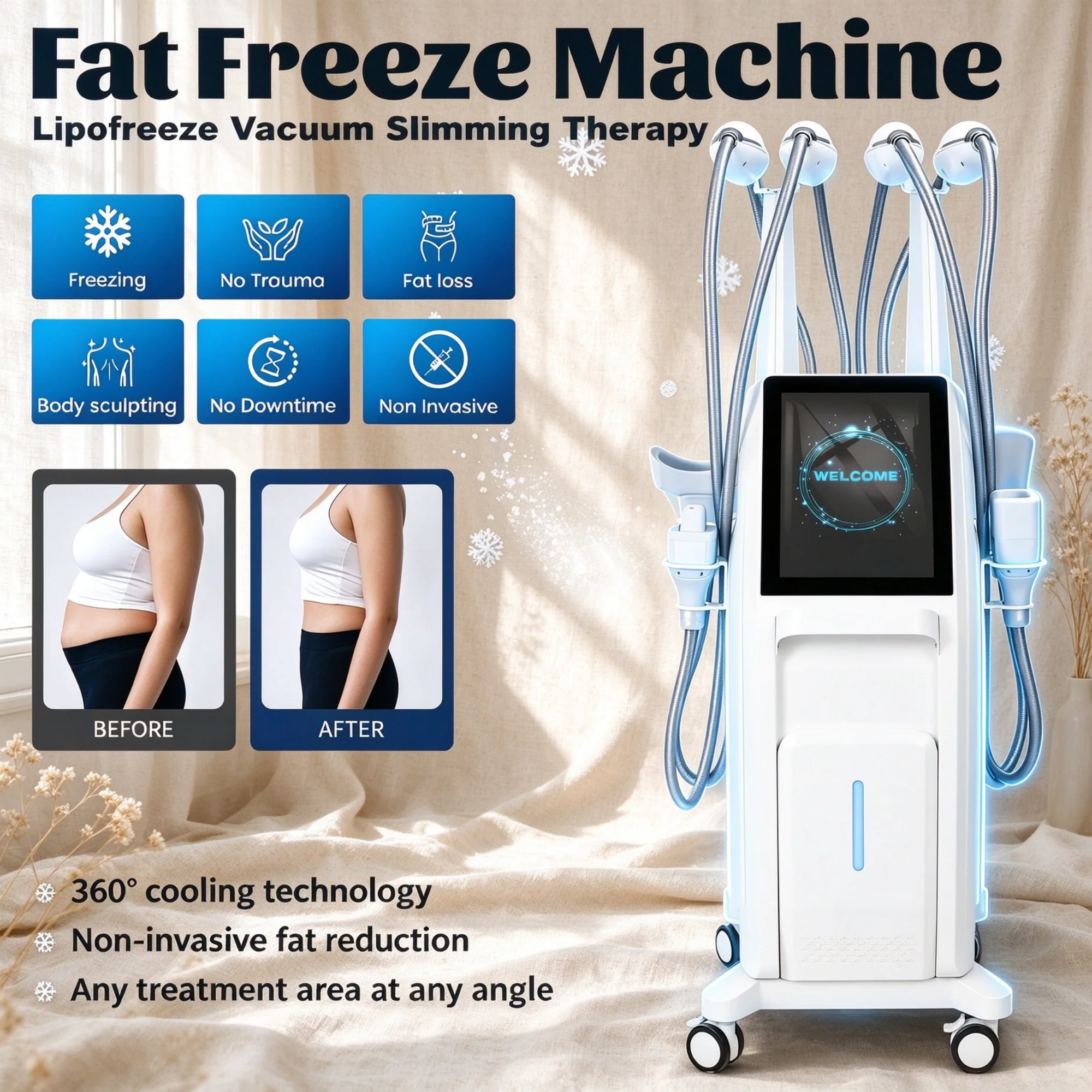 Sculpting Machine Cryolipolysis Fat Freezing 4 Handles Body Contouring Equipment 360° No-Dead-Angle Cooling for Clinic