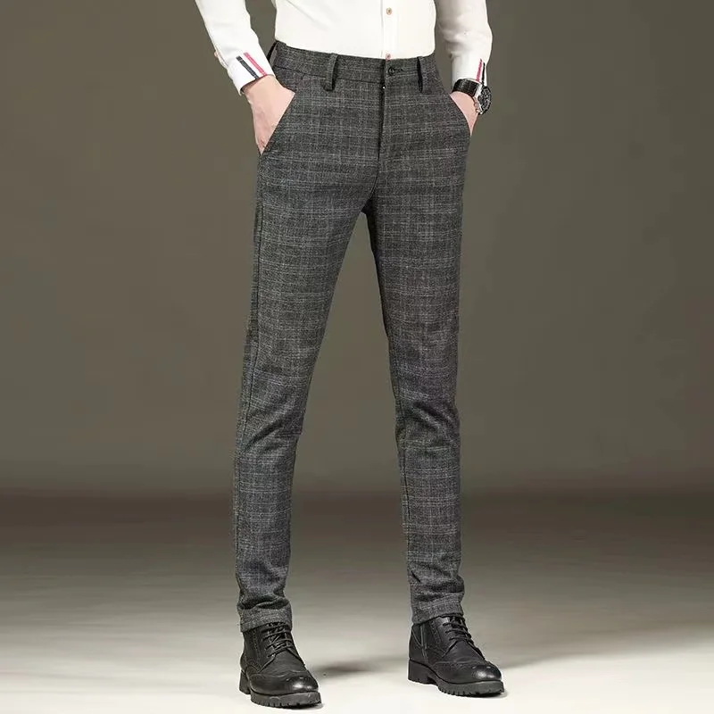 Fashion Black Grey Casual Trouses Mens Straight Fit Long Pants Striped Plaid Four Seasons High Quality Brand Business Trousers