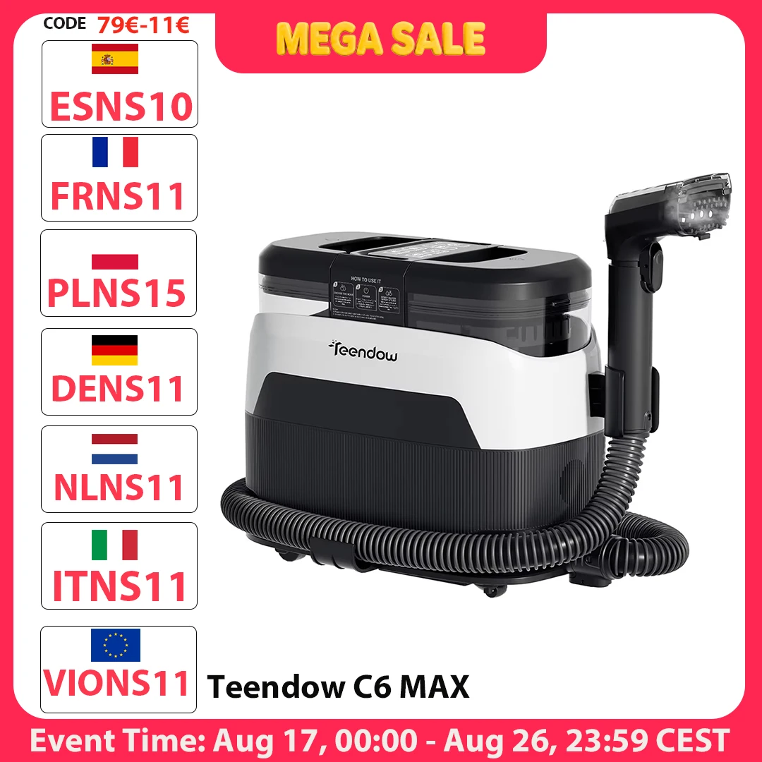 Teendow C6 MAX Pulitore per Tappeti 3-in-1 - Aspirazione 12000Pa, Serbatoio Acqua 1250ML, Serbatoio Liquami 950ML per Pulizia di Tappezzerie e Tappeti