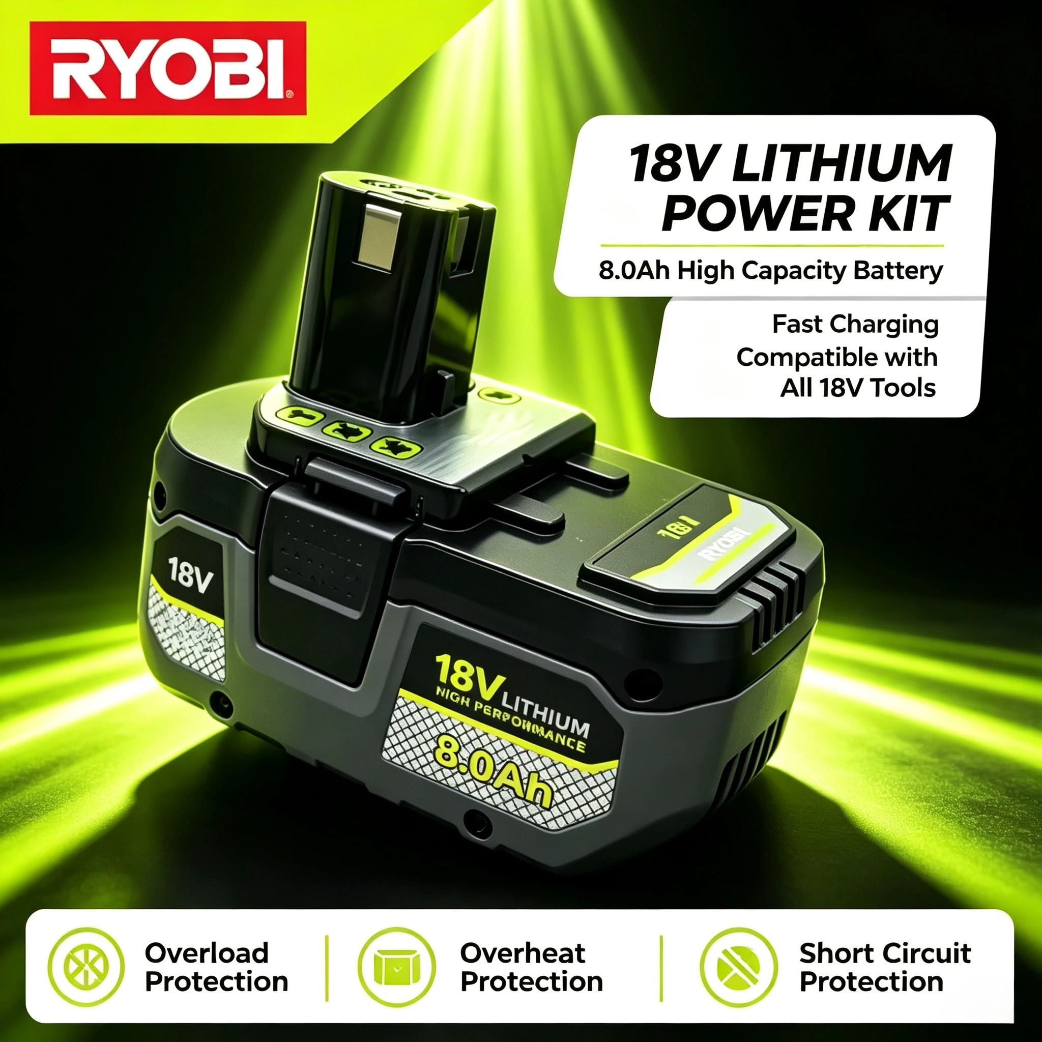 RYOBI 18V One+ P108 Li‑ion Battery, Long‑Lasting Rechargeable Battery Fit P104 P107 RB18L50 RB18L20 Cordless Drill Power Tools