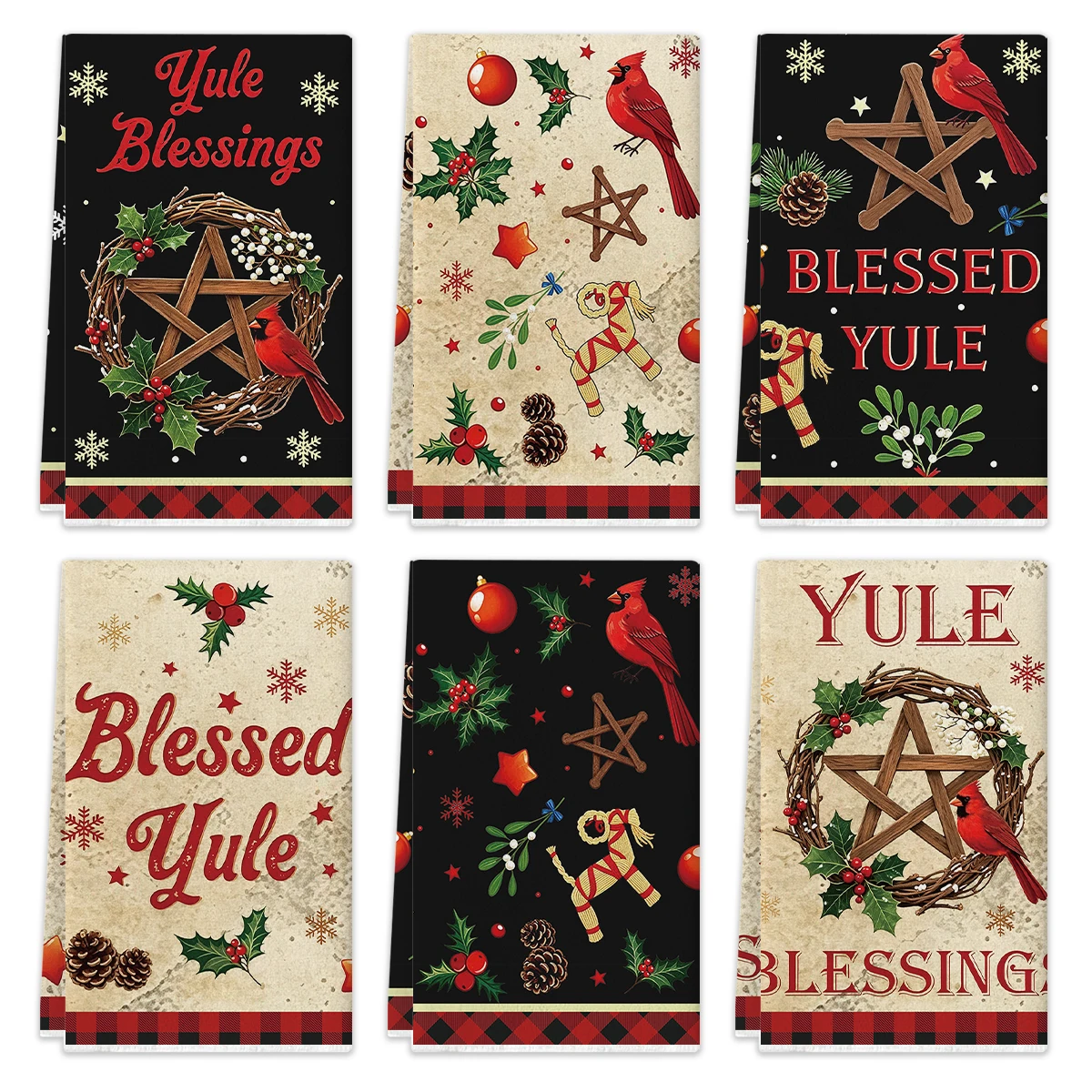 2/4/6Pcs Christmas Kitchen Towels, Vintage Cardinal Holly Snowflake Print, Absorbent Cleaning Dish Cloths, Holiday Kitchen Decor
