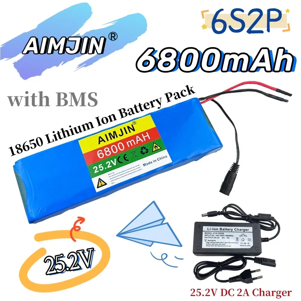 6S2P 18650 25.2V 6800mAh Lithium Battery Pack , BMS bicycle battery +25.2V 2A Charger