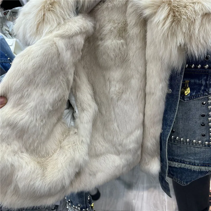 Fur Liner thick denim jacket for women autumn winter 2023 new short fashion Rivet fox fur collar fur coat Female Outerwear Y4539