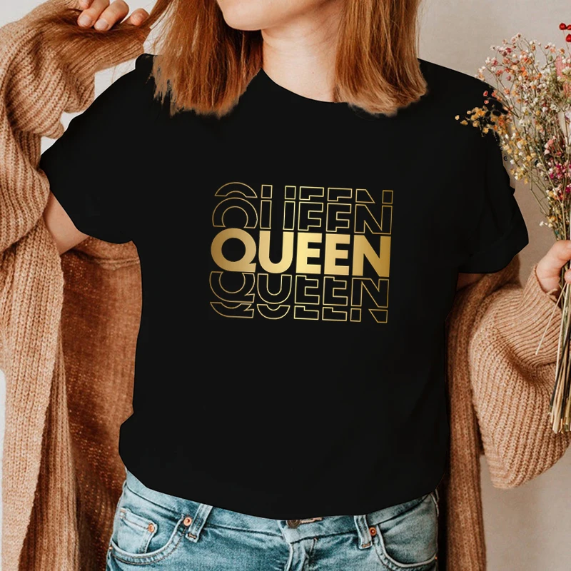 King Queen Print Golden Letters Couple T Shirt Short Sleeve O-Neck Women Men Loose Tshirt Fashion Lovers Matching Tees Shirt