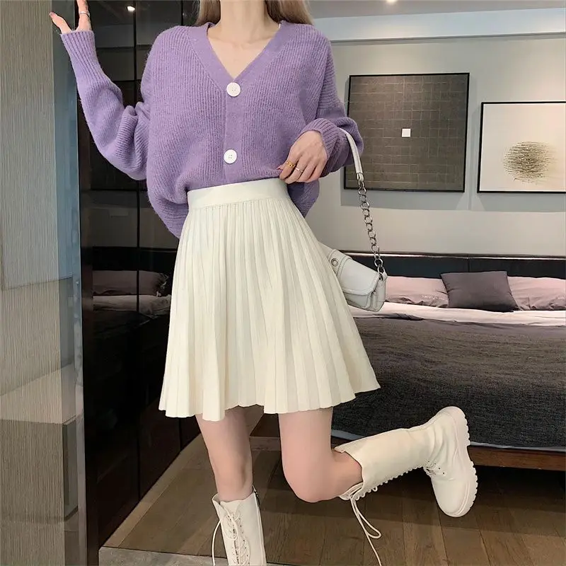 Female Casual Korean Pleated Solid Color Elastic Waist Pleated Skirt Autumn Winter Women Clothing Sweet Elasticity New Skirts