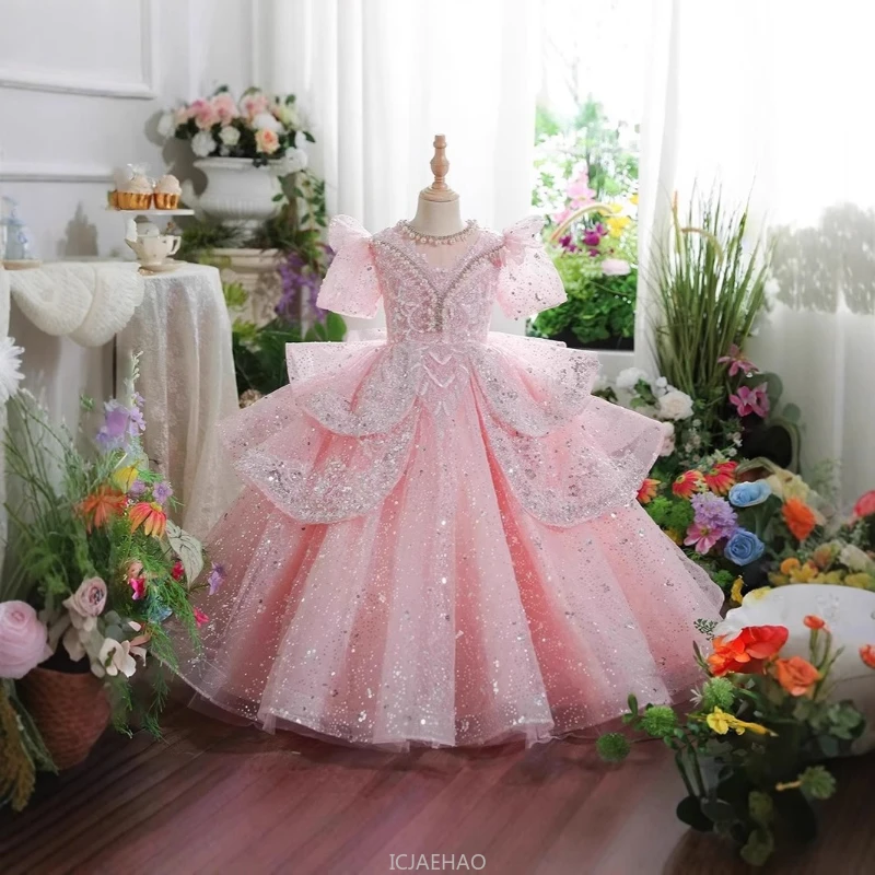 Princess Pink Girls Fluffy Dresses Clothes Birthday Party Pageant Gown Kids Elegant Clothes Children Summer Outfit Vestidos