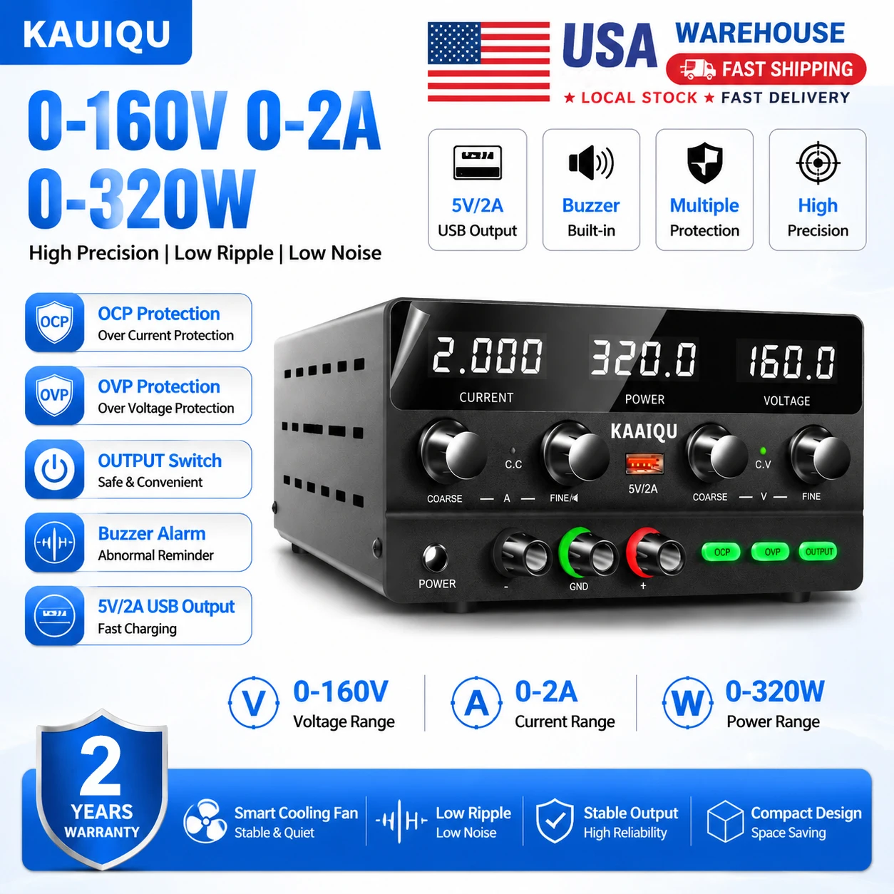 KUAIQU 160V 2A 320W DC Power Supply 30V/60V 5A/10A Adjustable Bench Voltage Regulator OCP/OVP/OUTPUT Source 4-Dight LED Encoder Knob With USB 5V 2A Buzzer Alarm 5V/12V/24V Tools For PCB Repair/Electroplating/Charging/Testing/Electrolysis