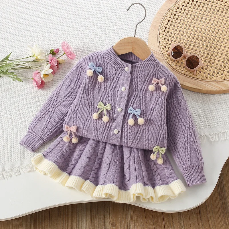 knitted dress sets korea style Girls' Two-Piece Knit Set – Puffy Skirt With Cardigan, Korean-Style Cute Winter Outfit For Baby & Toddler Girls Knit Sweater Set sage green ruffle bridesmaid dress
