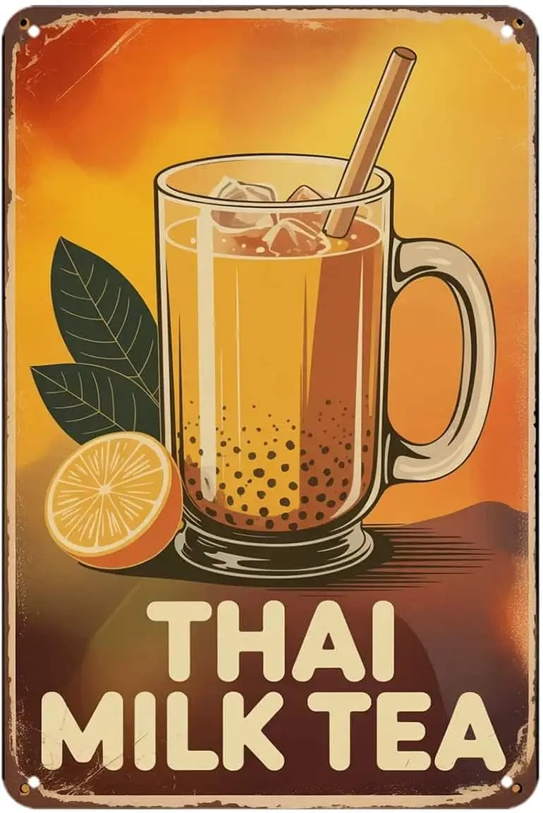 Thai Milk Tea Refreshing Beverage Tin Sign Retro Lemon Iced Drink Poster Vintage Metal Signs Wall Decor for Kitchen Bar Cafe Bed