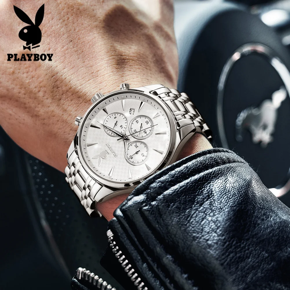 PLAYBOY 8881 Classic Multi-functional Dial Original Quartz Calendar Window Luminous Waterproof Solid Steel Belt Watch For Men