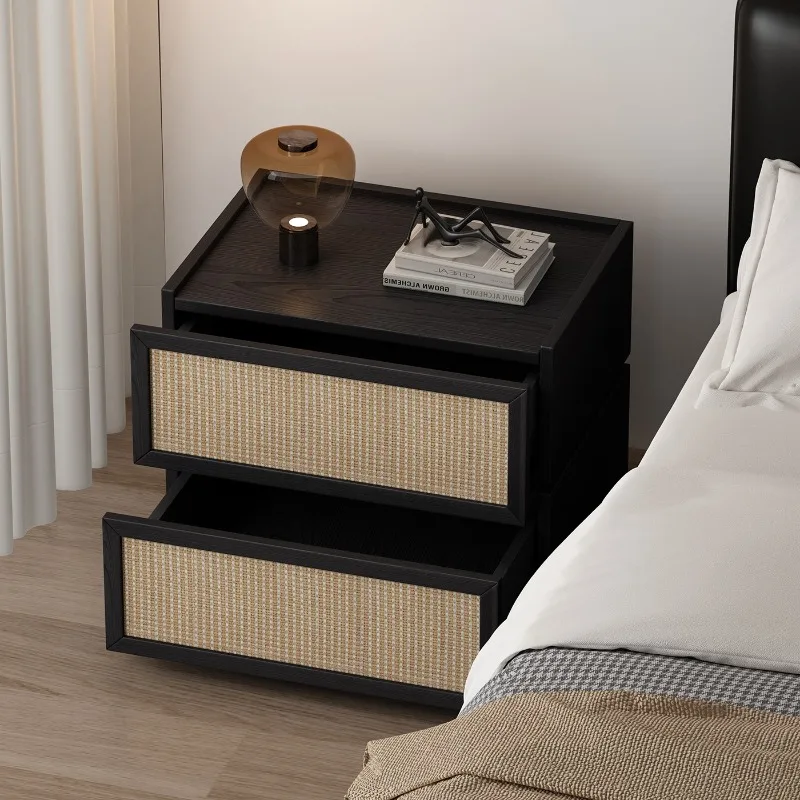 Young sense simple modern solid log bedside table Nordic creative Japanese rattan linen bedroom Famous hotel bedside table