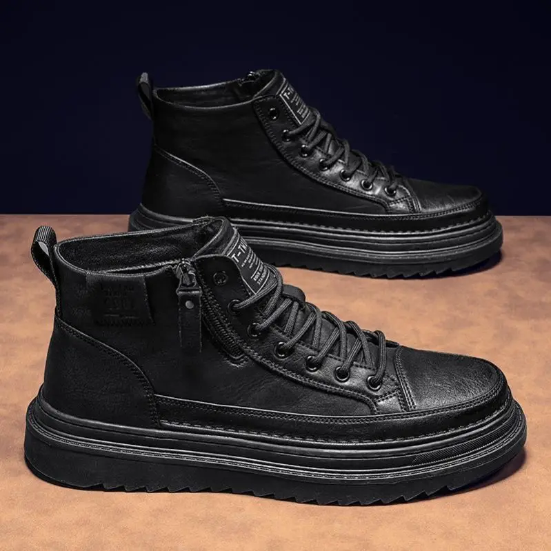 Men's High Top  Boots Side Zip Casual British Style Leather Shoes Breathable round Toe Autumn New Fashion Trend