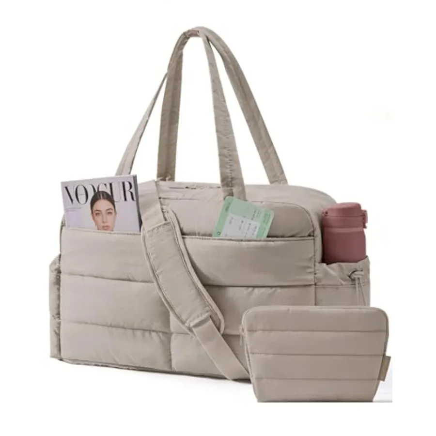 

Gym Bag for Women, Lightweight Puffer Duffle Bag 2-PC Travel Bag, 31L Weekender Overnight Bag Quilted Carry On Tote Bag, Diaper