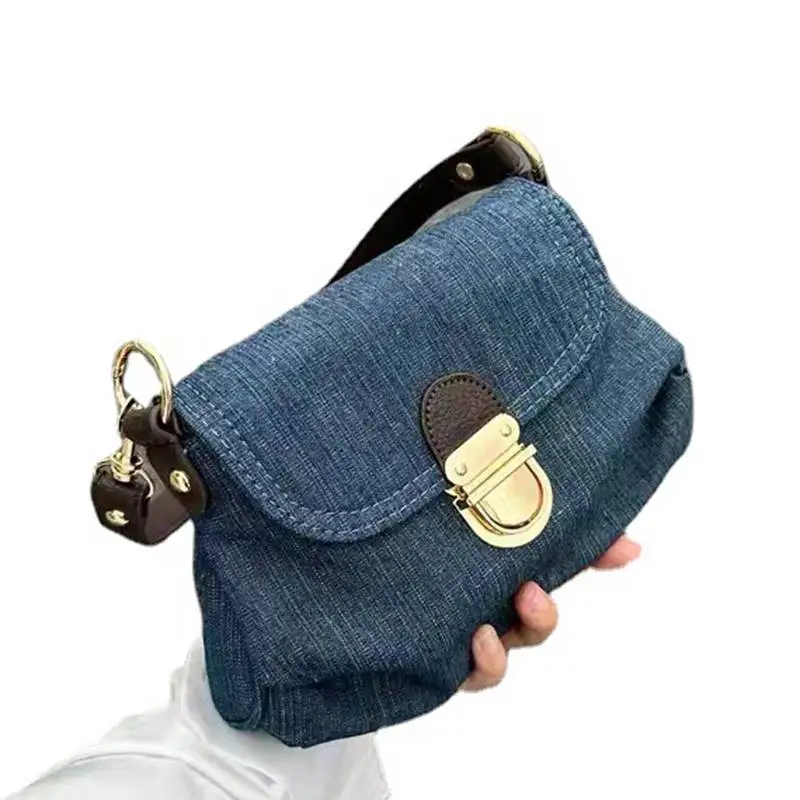 Women's Retro Contrast Color Denim Lock Pleated Bag Shoulder Underarm Bag Fashion Multifunctional Crossbody Bag Top Handle Bag