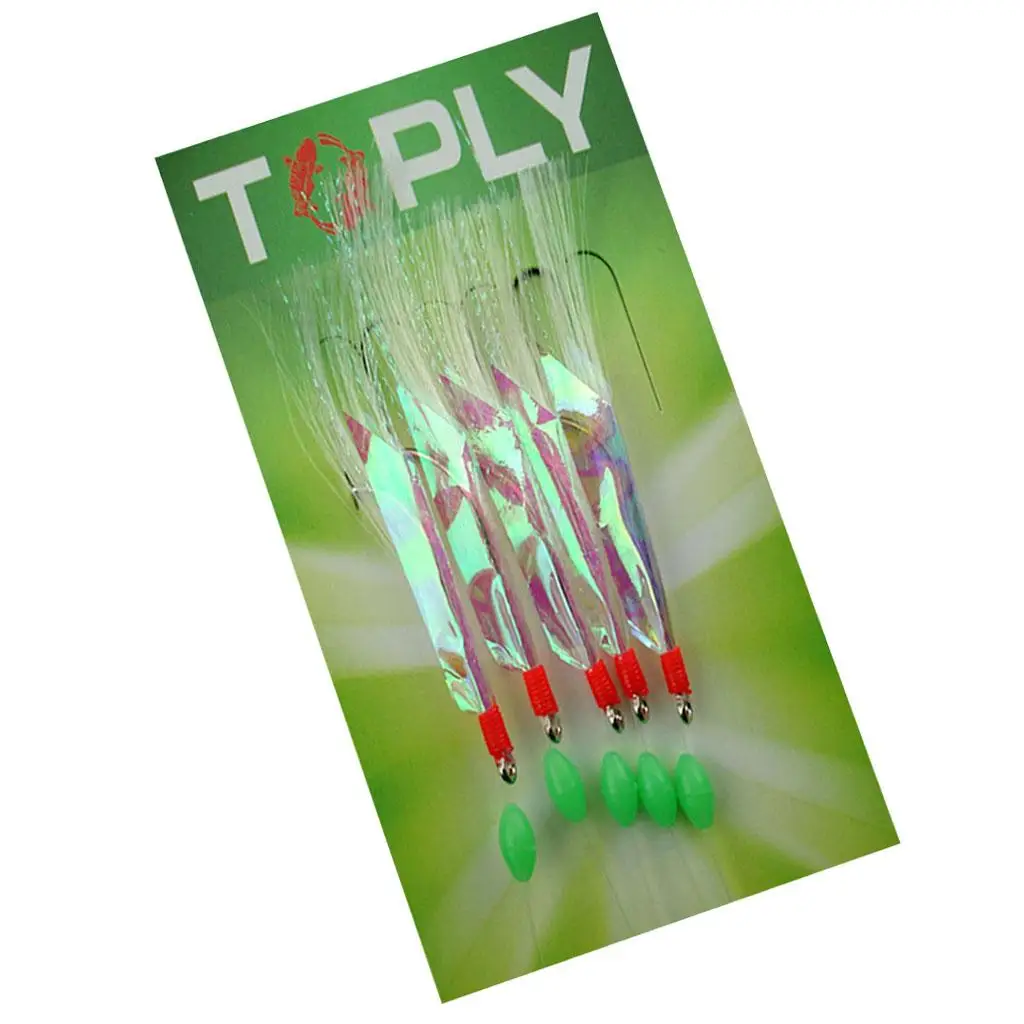 

Five Hook Sea Fishing Rigs with Luminous Foil Strips Saltwater Feather Lure Rigs for Mackerel and Bass
