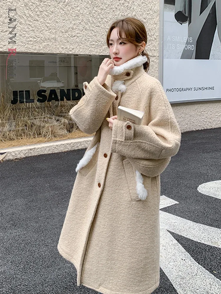 LANMREM Beige Fur Patchwork Medium Long Woolen Coat Jacket With Bag Included Women 2025 Winter Fashion Warm Coats 2DB1629