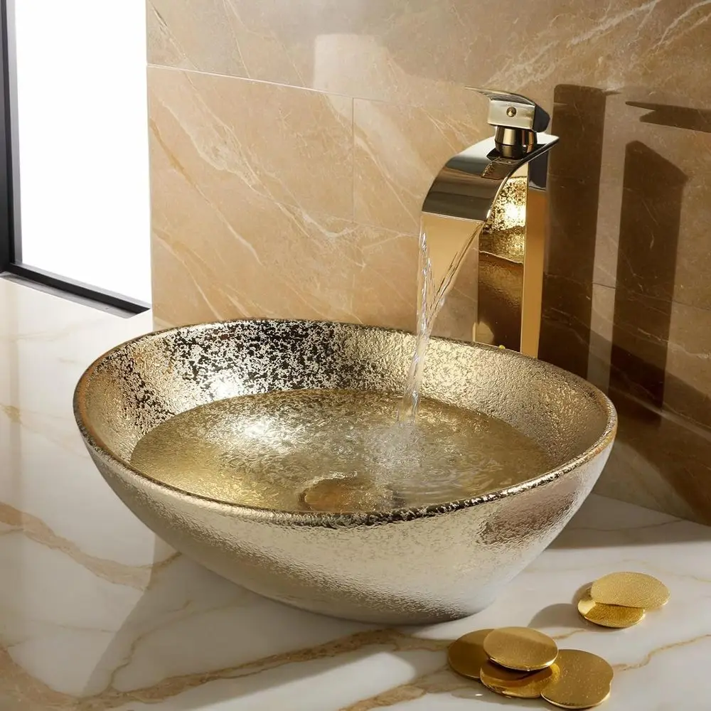 

16 Gold Bathroom Sink Above Counter Sink Oval with Faucet and Drain Combo