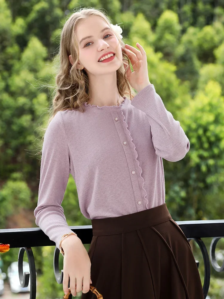 I BELIEVE YOU Purple Elastic Knitted Long Sleeved T-shirt Top for Women Fall Clothes 2024 Women Office Lady Tops 2244015821