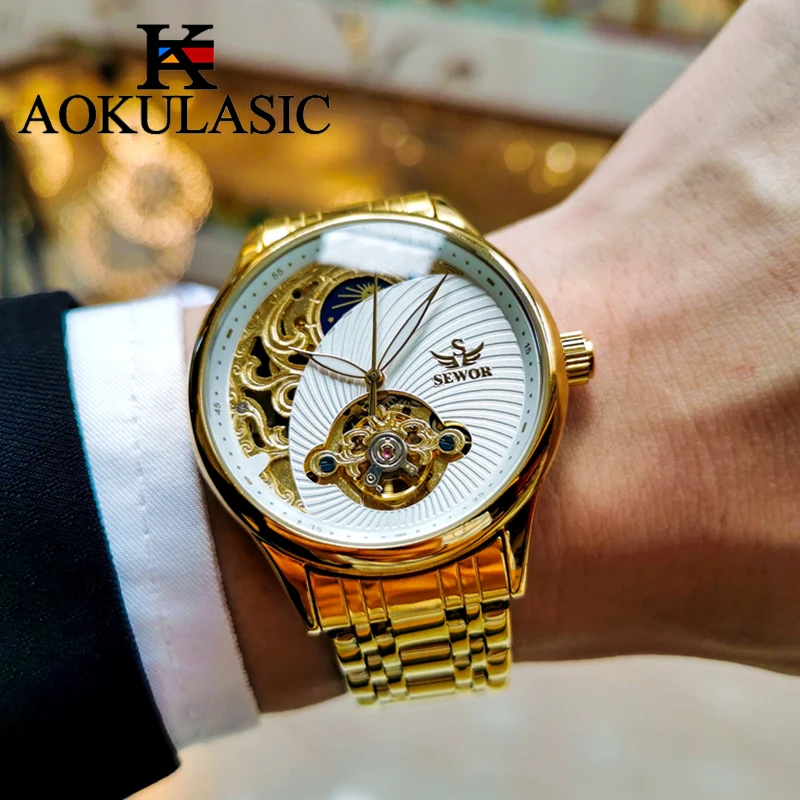 AOKULASIC Mann Mechanische Uhren Retro Mondphase Tourbillon Leuchtende Wasserdichte Uhren Luxus Edelstahl Band herren Uhr