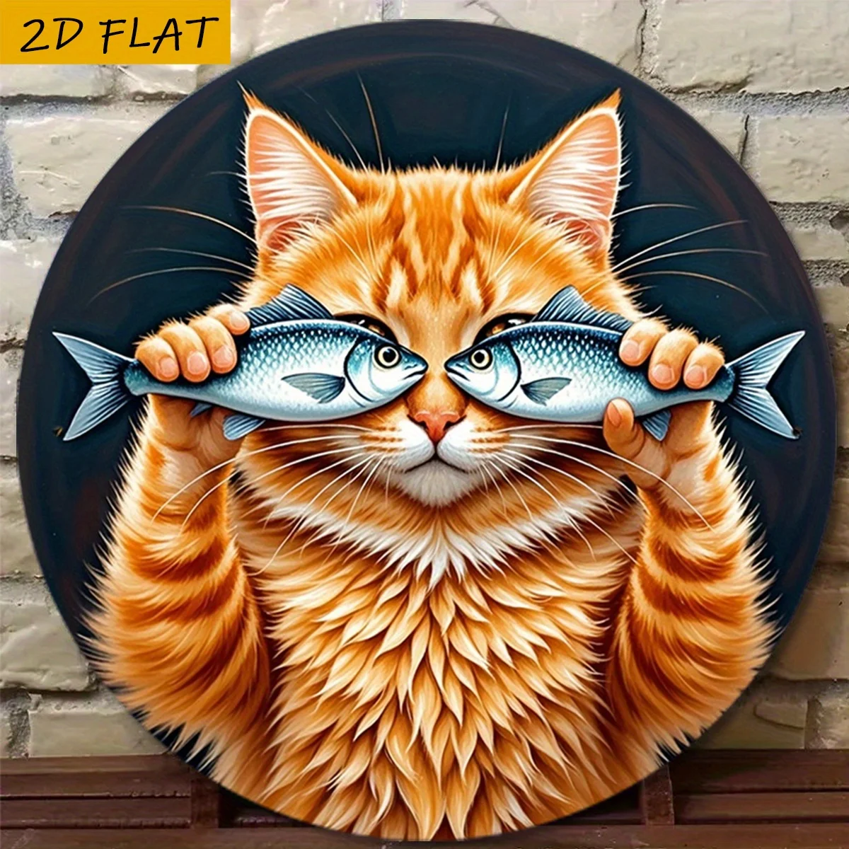 2D Flat, 1pc Vintage Cat with Two Fish Aluminum Wall Art Sign - 8X8 Inch (20X20Cm) Orange Tabby Cat Peeking Through Fish Eyes, B