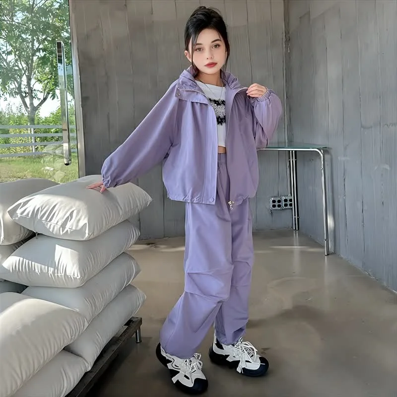 

Girls Clothes Set Autumn Purple Jacket Cargo Pants Two Pieces Teen Children Costumes Casual Sport School Kids Outfits 8 10 Years