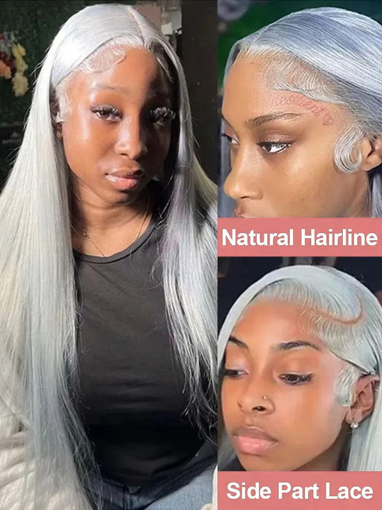 Silver Grey Straight Lace Front Human Hair Wig 40 Inches Colored HD Transparent 13x6 Lace Frontal Wig for Women Preplucked 250% image 3