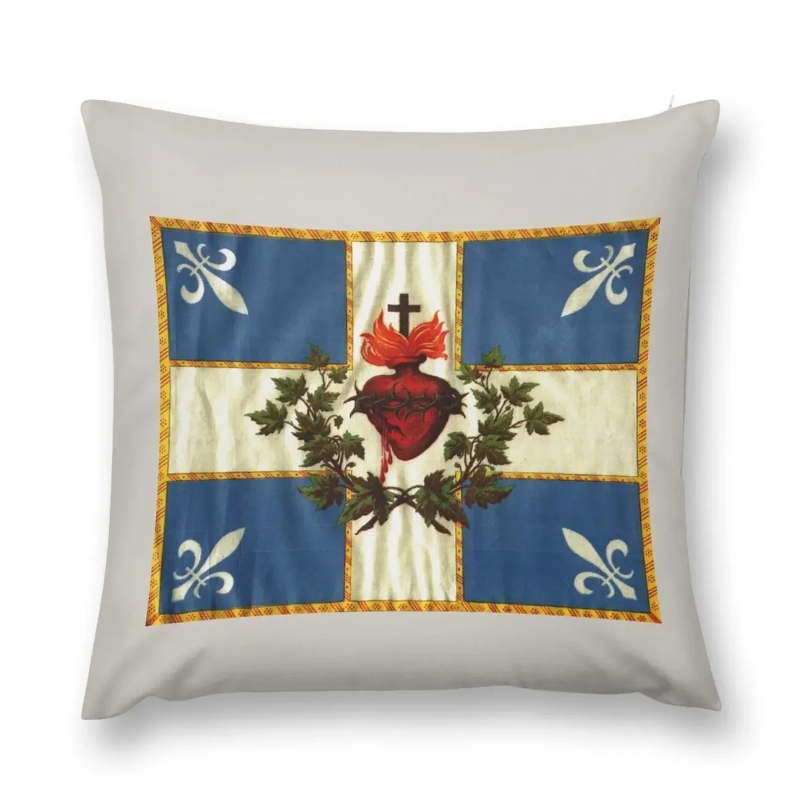 Quebec flag drapeau Québec Patriote Carillon Sacré-C?ur Christian Catholic old vintage edition with fleurs de lys H Throw Pillow