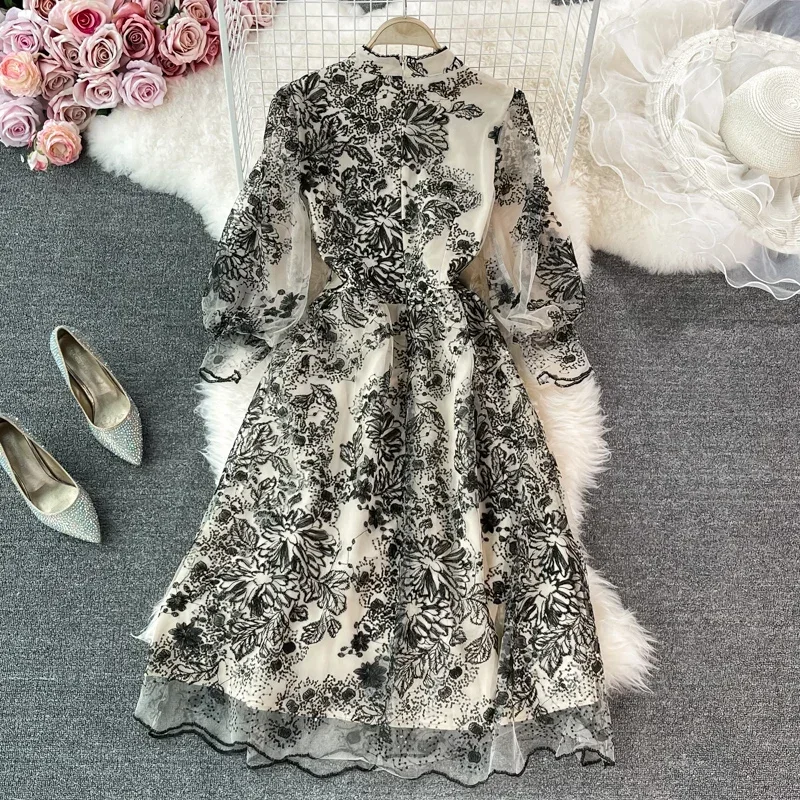 Vestido Sexy de malla bordada con cuello levantado y mangas acampanadas, vestido elegante de fiesta de noche para mujer, vestidos ceremoniales de cintura alta